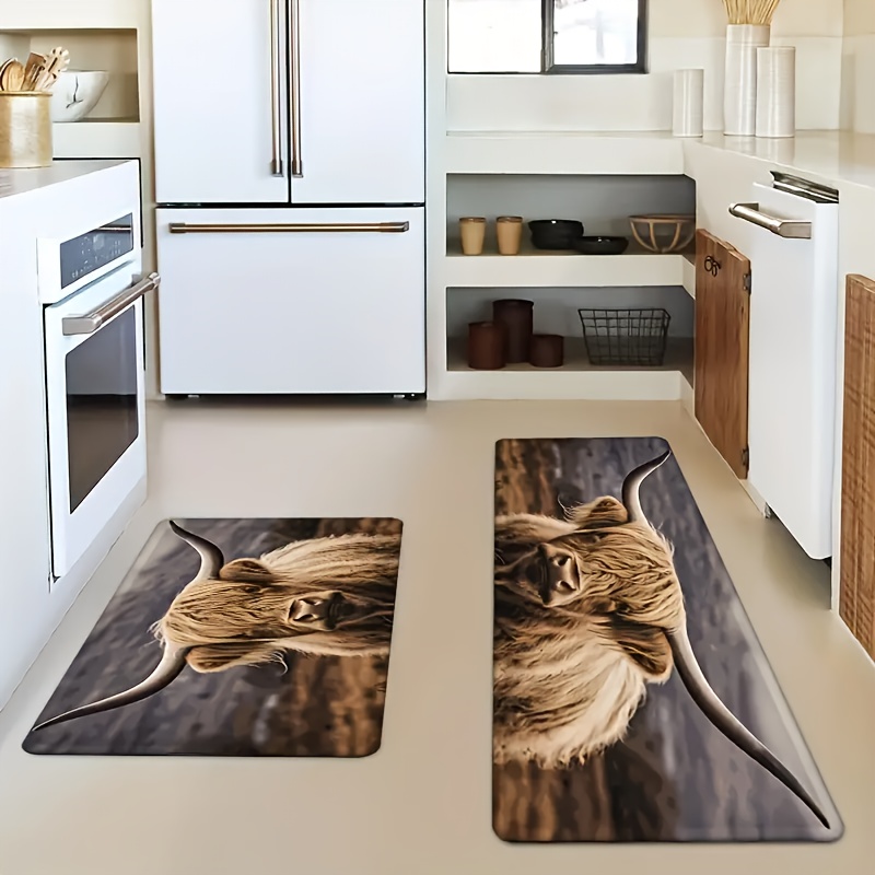 1 2pcs highland cow print kitchen mat soft flannel polyester rectangular machine washable ideal for home office balcony spring decor   areas kitchen floor mat 0