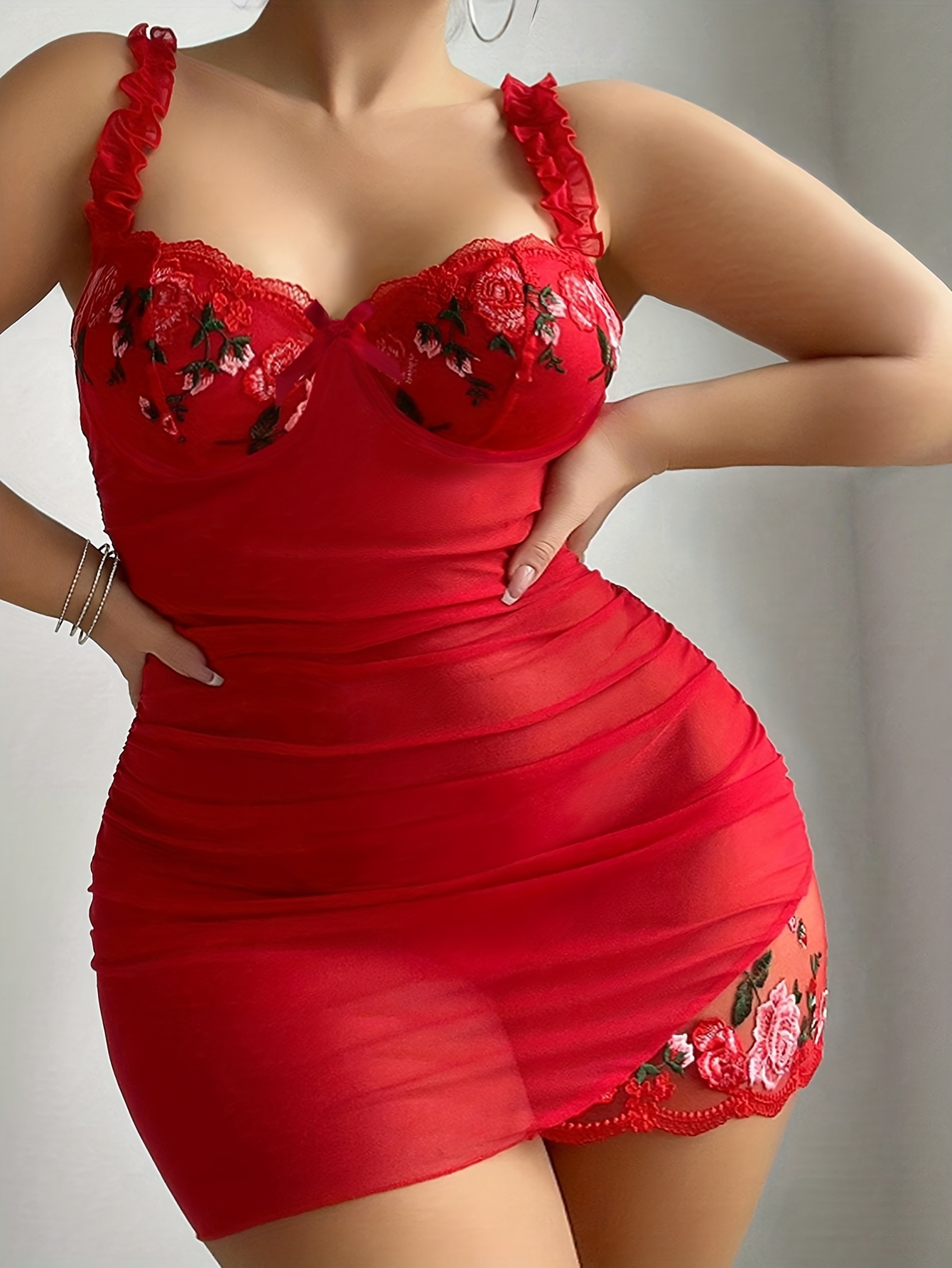 Color: Red Women'S Fashion Lace Trim Floral Design Bow Plus Size Chubby Cami Dress Lace Home Sleepwear Set