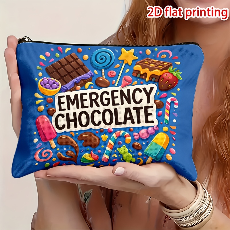 TEMU 1pc 2d Flat Printed Chocolate Candy Party "" Slogan Double-sided Print Makeup Bag, Zipper Closure, Multifunctional Foldable Toiletry Bag,
