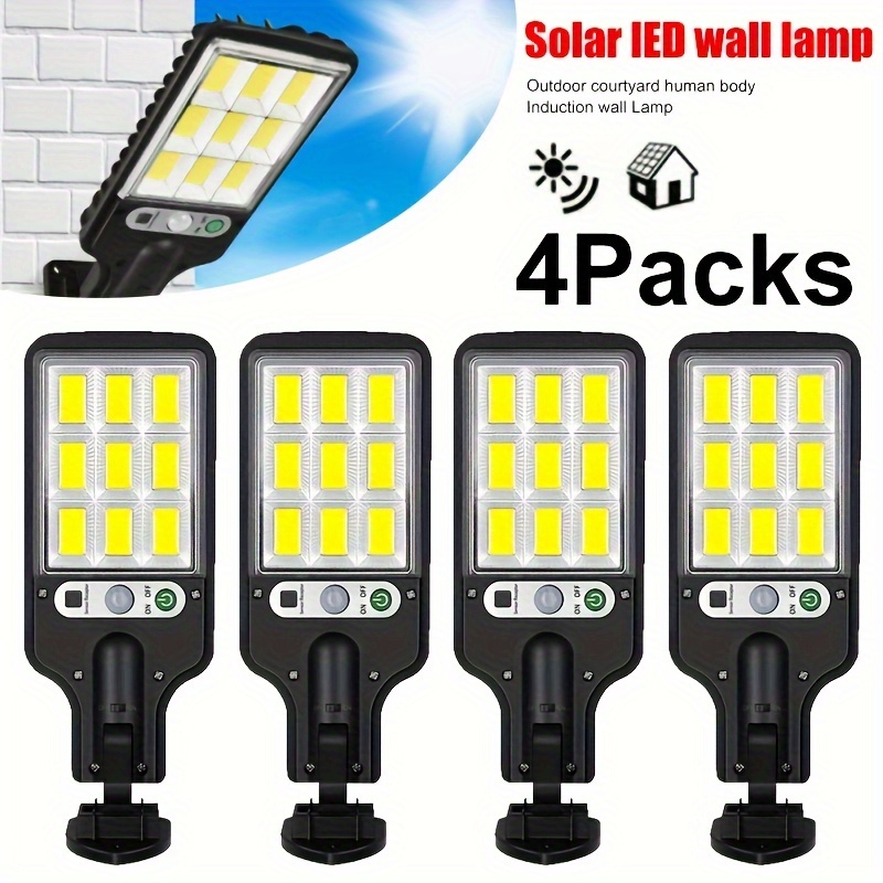 

4pack Outdoor Solar 108cob Sensor Street Light Human Light With Remote Control Wall Light, 3 Light Garden Yard Road Light Porch Garage Door Security Lamp