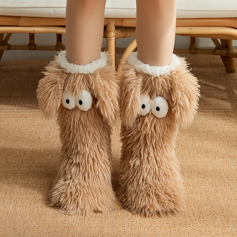 Image of 1 Pair Women's Lining Plush Slipper Socks With Non-slip Thick Sole & Warm Inner - Soft Sole Suitable For Winter, Cozy, Christmas Gift For Floors, For Wear