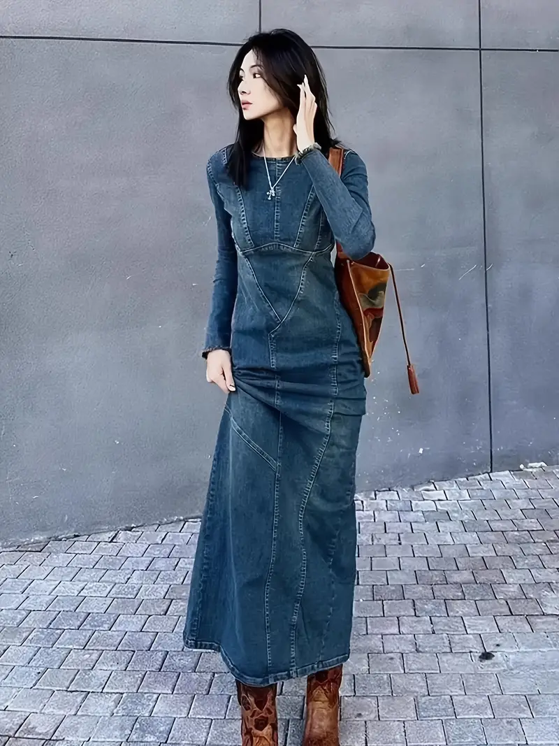 long sleeve jean dresses for women Women's Long-Sleeve Denim Shirt Dress in Medium Wash | Size S TALL