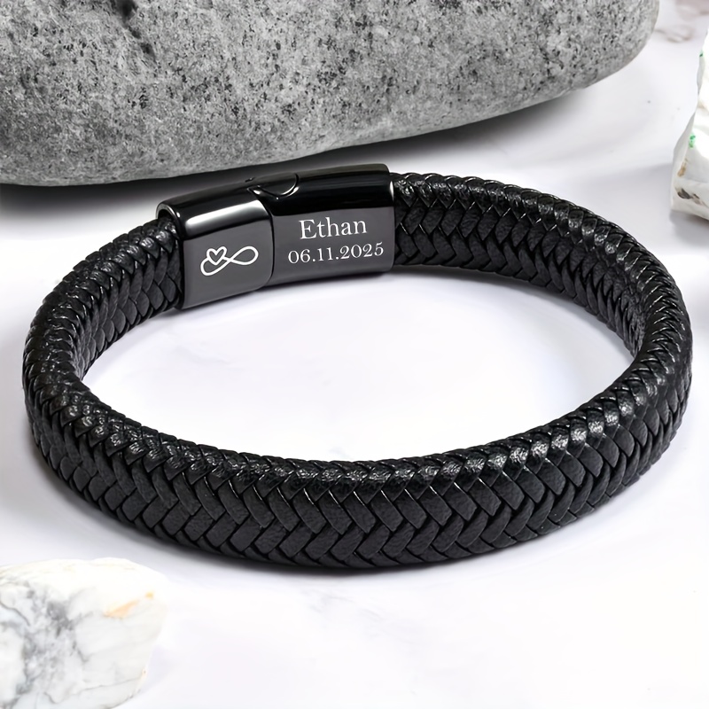 E-shop Personalisiertes PU-Leder Geflochtenes Armband, Gravur mit Name , Individuelles Unendlichkeits-Liebesmuster, Einfaches Geschenk für Sohn,