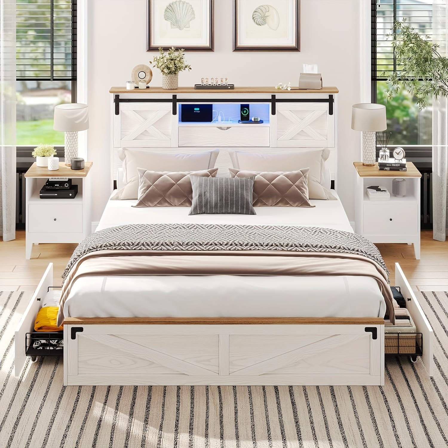 TEMU King Size Led Farmhouse Platform Bed Frame With Charging Station 2 Drawers And Storage Headboard, Sliding Barn Door, White