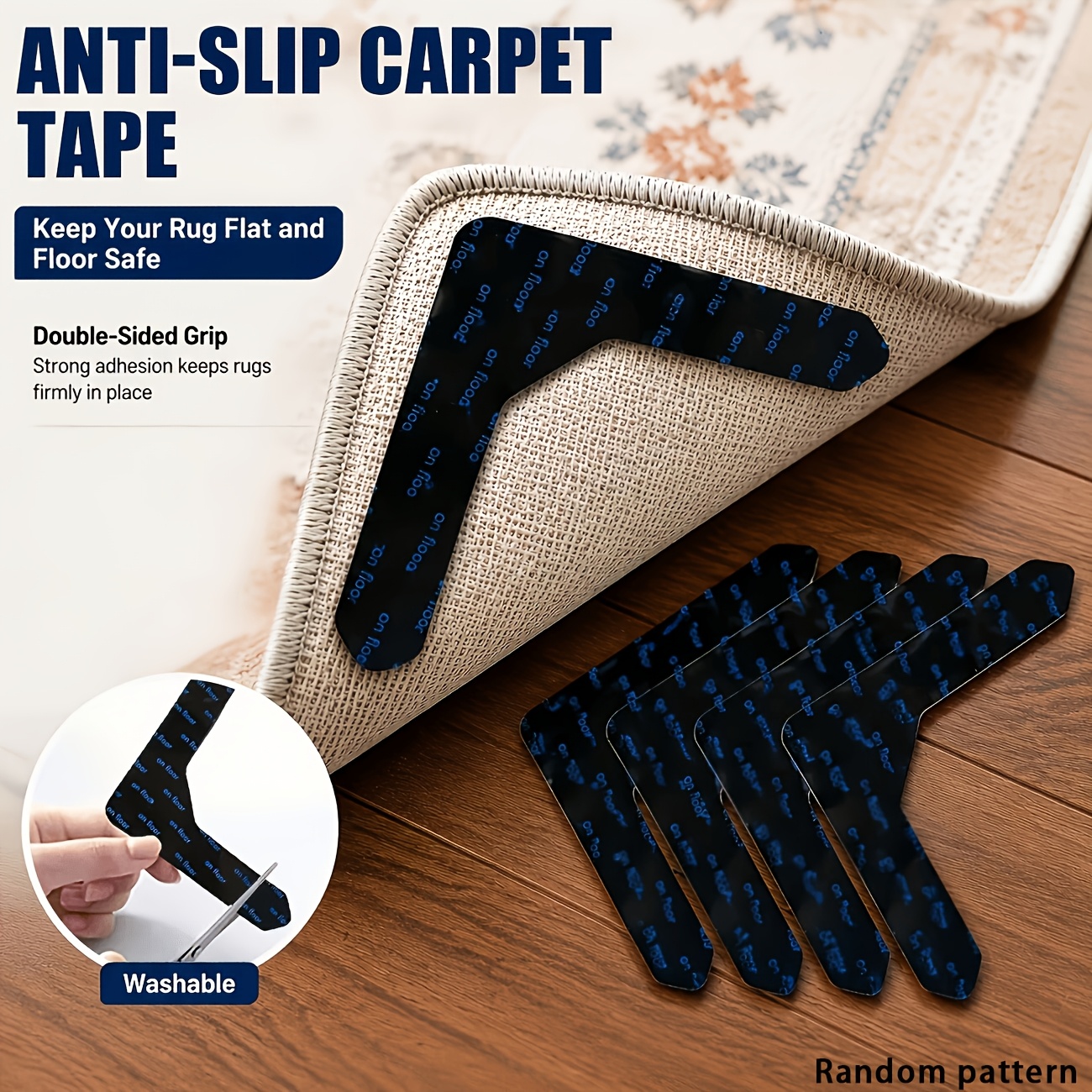 TEMU 16pcs Clips de tapis, Patins de tapis antidérapants réutilisables, Bandes de tapis double face, Bords de tapis de sol en bois lavables, Fixation
