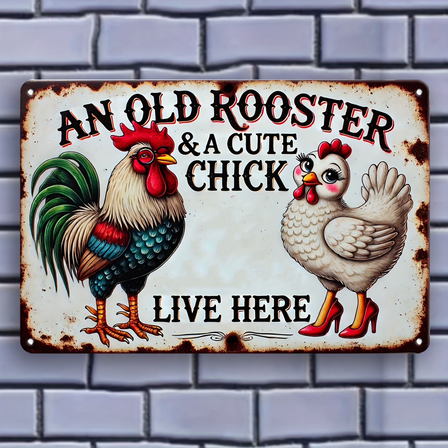 

Vintage 'old Rooster & Cute Chick' Aluminum Sign - Home, Bar, Cafe, Or Garden Decor | Pre-drilled, | Humorous English Quote | Ideal Christmas Gift | 8x12 Inches,