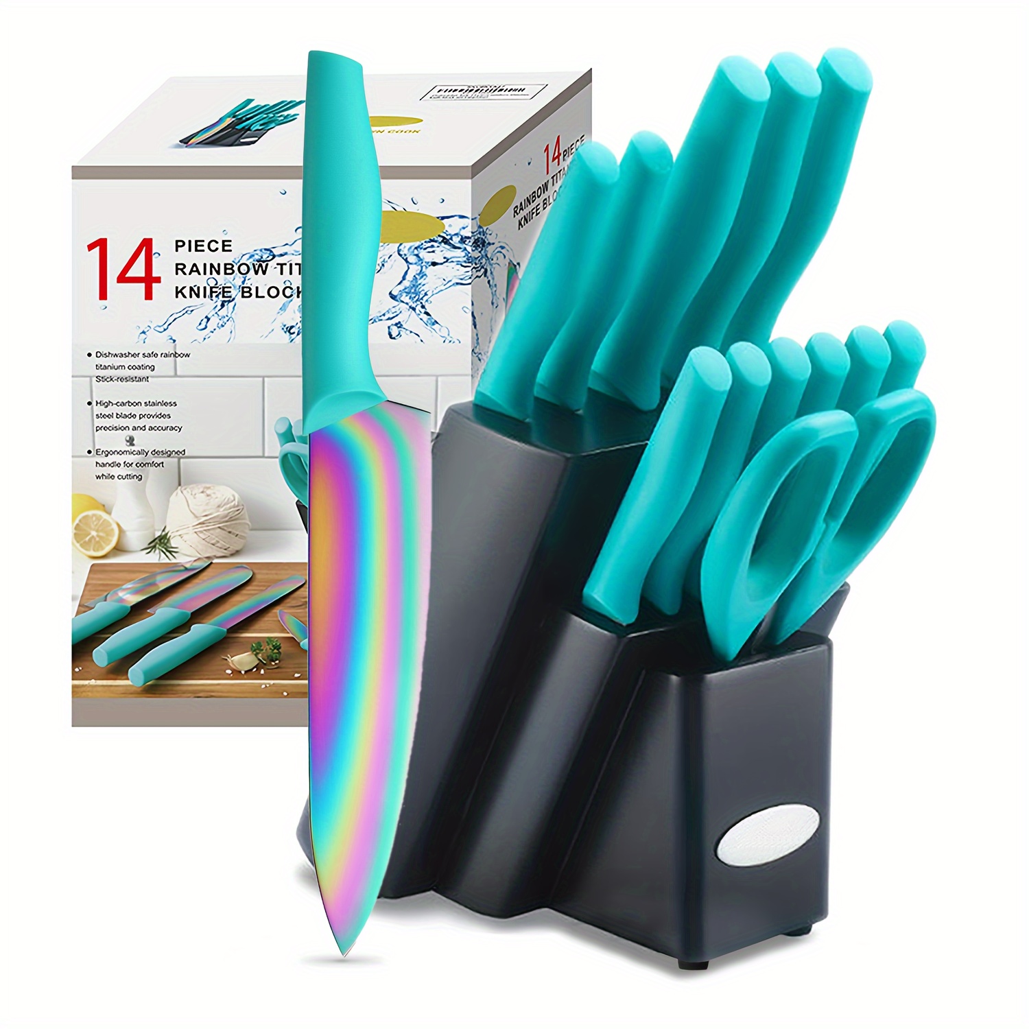 

14pc Rainbow Kitchen Knife Block Set, Titanium Cutlery Knife Set, Teal, Kitchen Knife Set Dishwasher Safe Mtea27 The Best Gift.