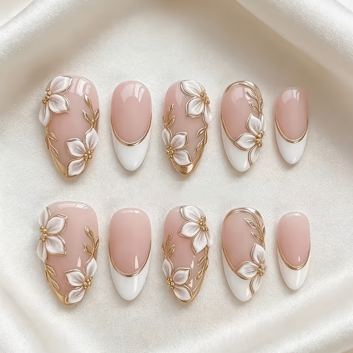 TEMU Lot de 10 faux ongles à pression de luxe léger de style français, adaptés aux ongles des mains et des pieds – Base de longueur moyenne d', avec