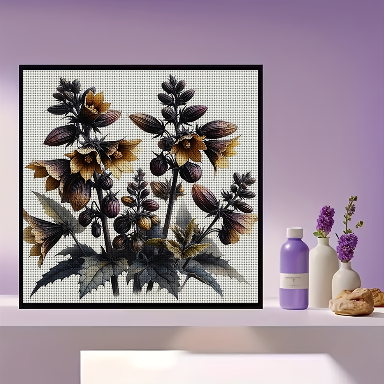 DIY Cross-Stitch Printed Kit, Dark-toned Bell-shaped Flower Pattern