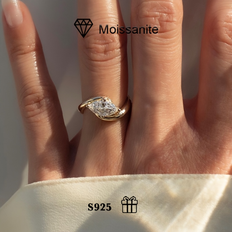 Moissanite Marquise Cut Ring Twisted Band 925 Silver Plated Hypoallergenic