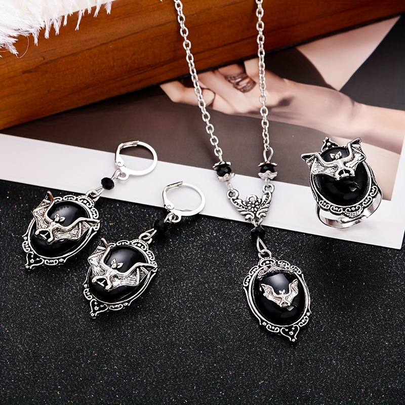 

3pcs/set Hip Hop Street Bat Drop Earrings Ring Necklace Jewelry Women's Set Versatile Jewelry Gift