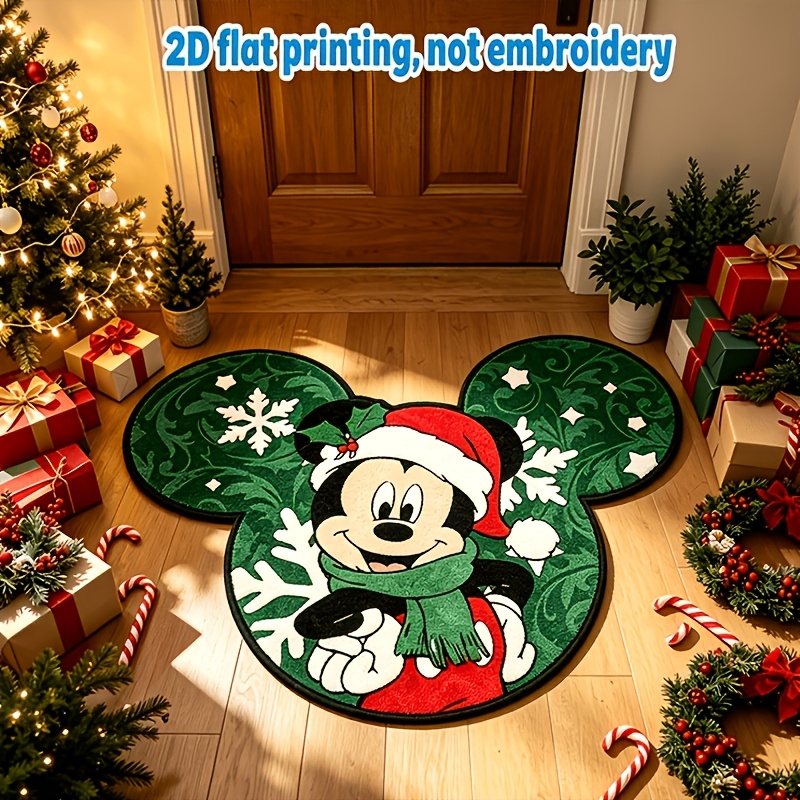 TEMU 1pc Christmas Hat Mickey Mouse Snowflake Holly Pattern Doormat, Irregular Shaped Rug, , Suitable For Living Room, Bedroom, Kitchen, Bathroom