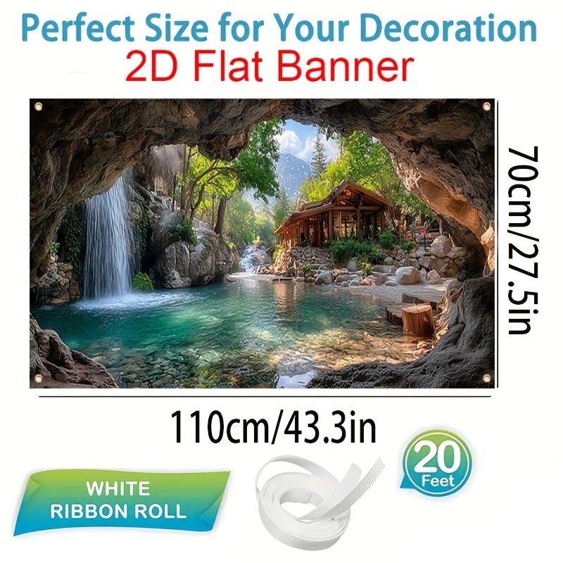 TEMU 2d Flat, 2d Flat Banner, 1pc, Cave Waterfall Landscape Themed Backdrop, Multiple Sizes , Material, Suitable For Backyard, Yard Decoration,