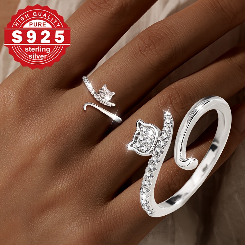 Women's Adjustable S925 Sterling Silver Cat Ring with Cubic Zirconia