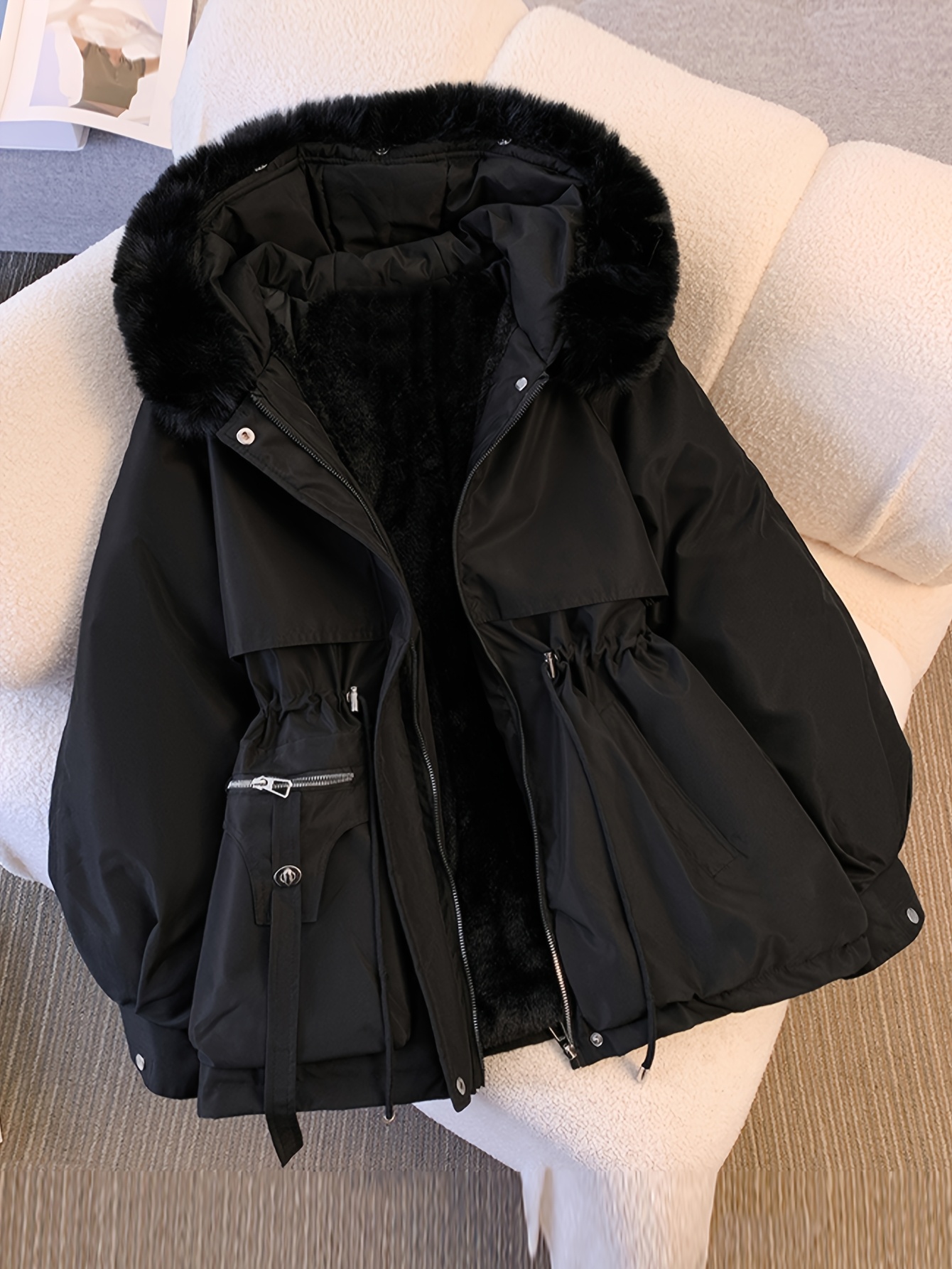 winter new fleece lined parka coat waist hooded fleece lined fashionable autumn and winter womens jacket warm
