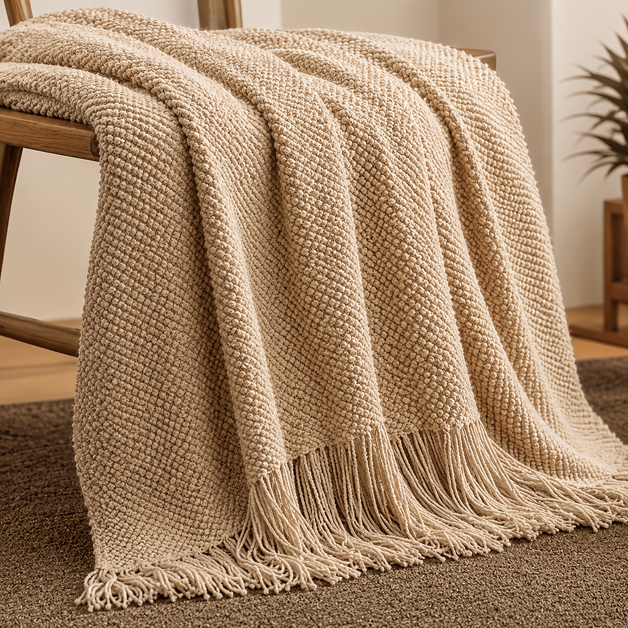 TEMU 1pc Warm Solid Color Pineapple Texture Throw Blanket With Tassels, Soft And For Bedroom Or Living Room, Use