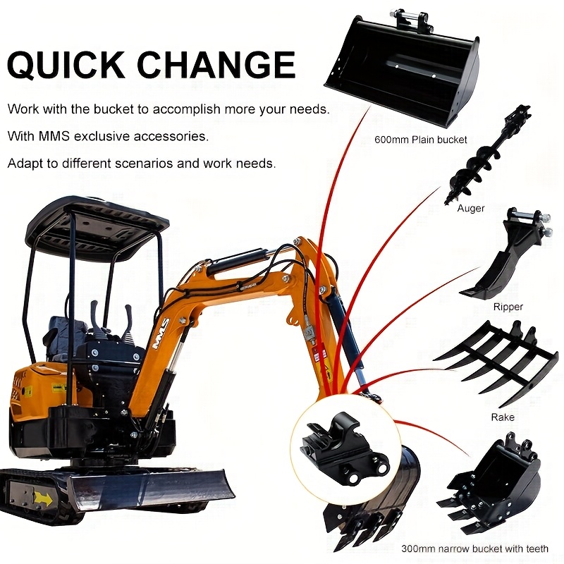 set of 8 mini excavator attachments including   narrow bucket   rake auger   and screening bucket for small     in   Product details 2