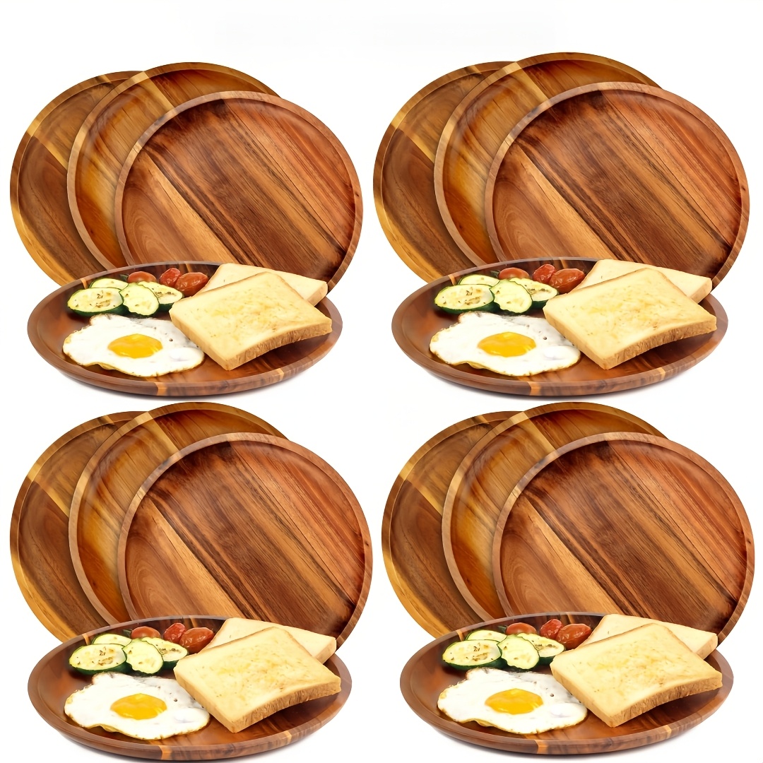 16/8/4pcs Acacia Wood Serving Trays & Plates Set - Round, Multi-Functional for Fruit, Dessert, Jewelry Storage - Rustic Unbreakable Dinnerware for Kitchen, Coffee Shop, Table Decor (Unbreakable, Easy Clean)