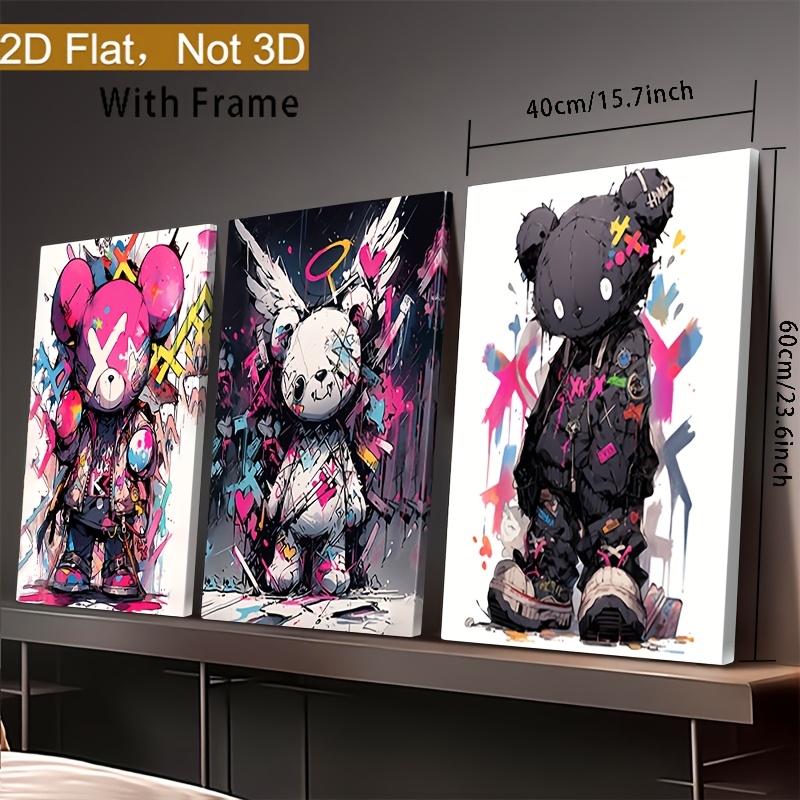 2D Flat Framed Decorative Wooden Frame Poster, Not 3D, 3pcs Set of Bear Graffiti Art Prints, Vibrant Streetwear Teddy Bears Canvas Wall Décor for Living Room, Bedroom, Office & More – Unique Modern Pop Art Design with Wooden Hanger
