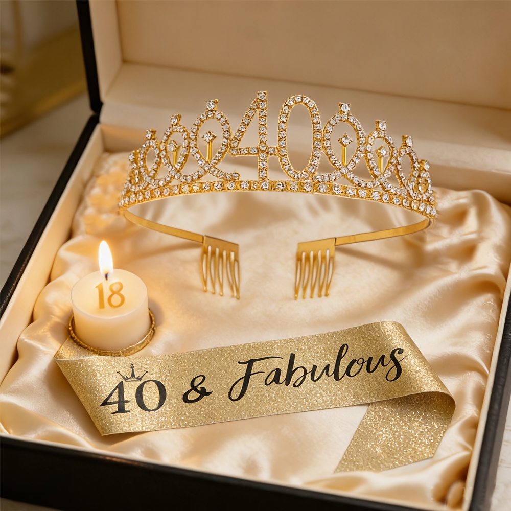 TEMU 40 And Fabulous Golden Rhinestone Tiara And Sash Set - 40th Birthday Party Decorations For Women, Glitter Sash With , Birthday Gifts For Her