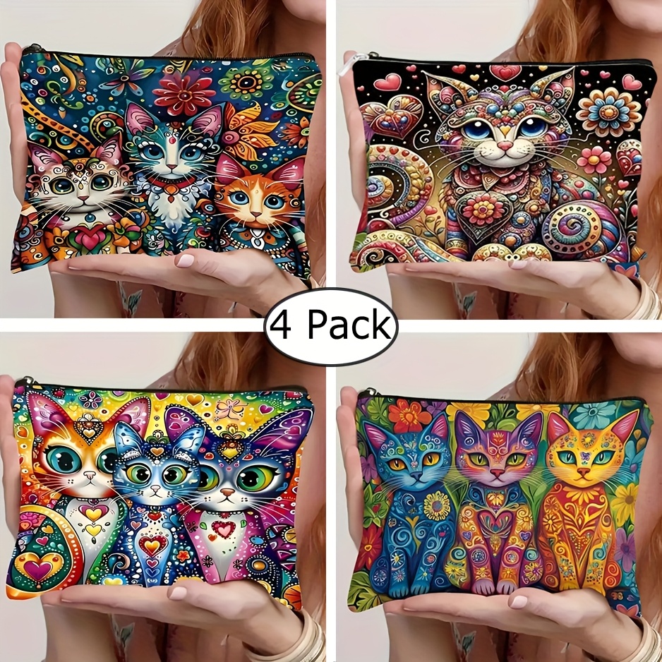 TEMU 4 Pack Cute Cat & Floral Makeup Bags With Tabby, Tuxedo, Calico & Patterns - Vibrant Colors, Zipper Closure Cosmetic Organizer Pouches, Compact