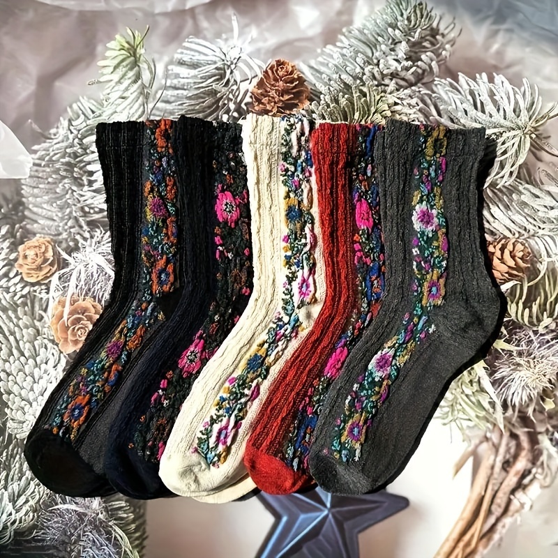 

5/10 paires de chaussettes à motif floral en relief, chaussettes mi-hautes de style ethnique vintage, bas et bonneterie pour femmes