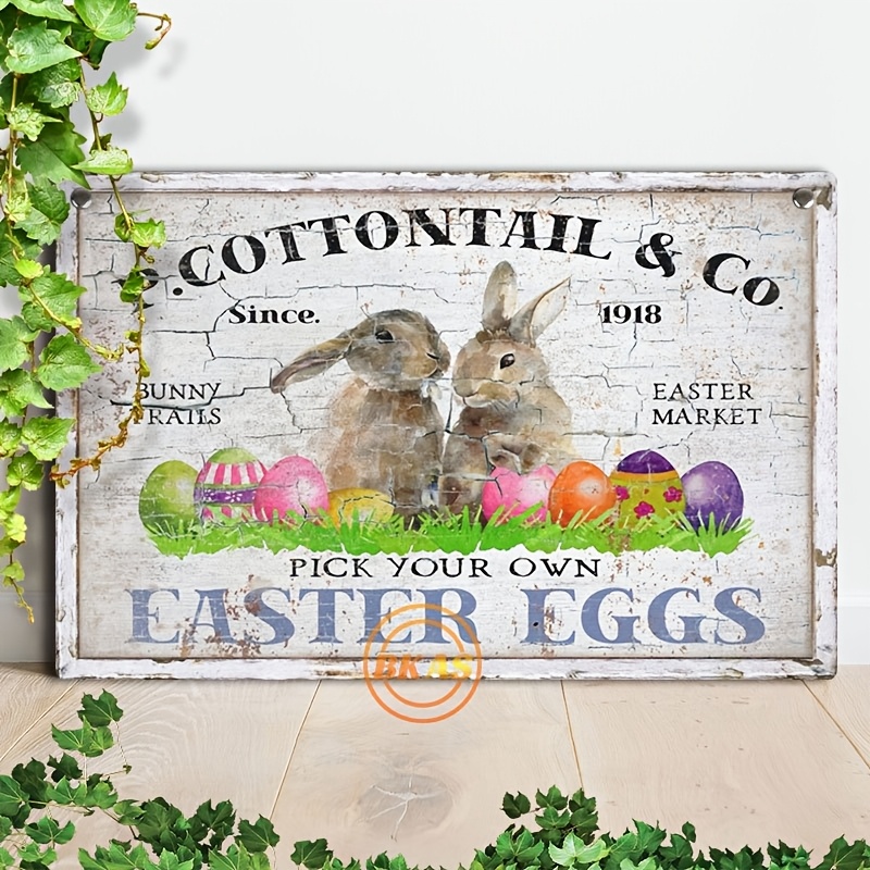 

1pc Vintage " & Co. Easter Eggs" Wooden Sign - Rustic Farmhouse Wall Art With Bunny Illustrations, Entryway, Bedroom, Living Room Decor - Distressed White, 8x12 Inches, Rabbit Decor