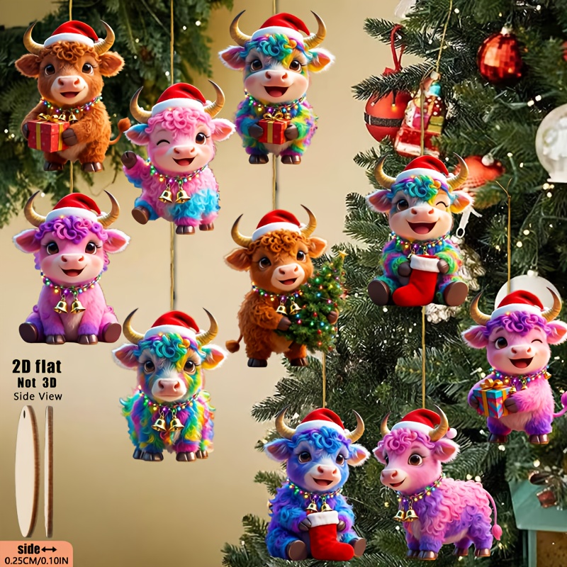 TEMU 2d Flat, 10pcs Highland Cow Christmas Ornaments Set - Festive Holiday Decorations With Santa Hats, Wooden Hanging Ornaments For Home & Garden