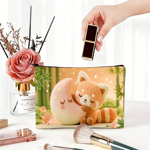 neceser de maquillaje 2d impreso , 1 pieza estilo premium con cremallera, de luna y panda pequeño, gran capacidad, , viaje/desplazamiento/uso , regalo para /temporada de a clases, almacenamiento femenino estética