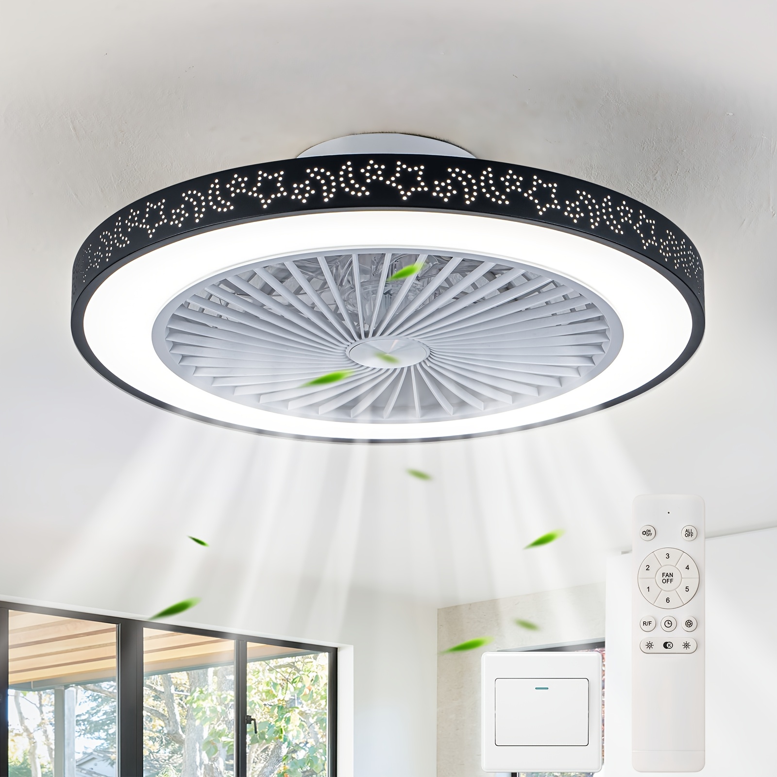 TEMU Ventilateur de Plafond Profil Bas 20" avec Lumière LED et Télécommande, Variateur de 3 Couleurs, Moteur en Cuivre Pur, 6 Vitesses Réversibles,
