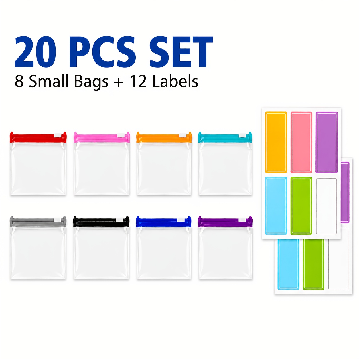 TEMU Ensemble de 20 mini sacs de rangement et d'étiquettes, 8 petits sacs transparents refermables et 12 étiquettes colorées inscriptibles, pochettes
