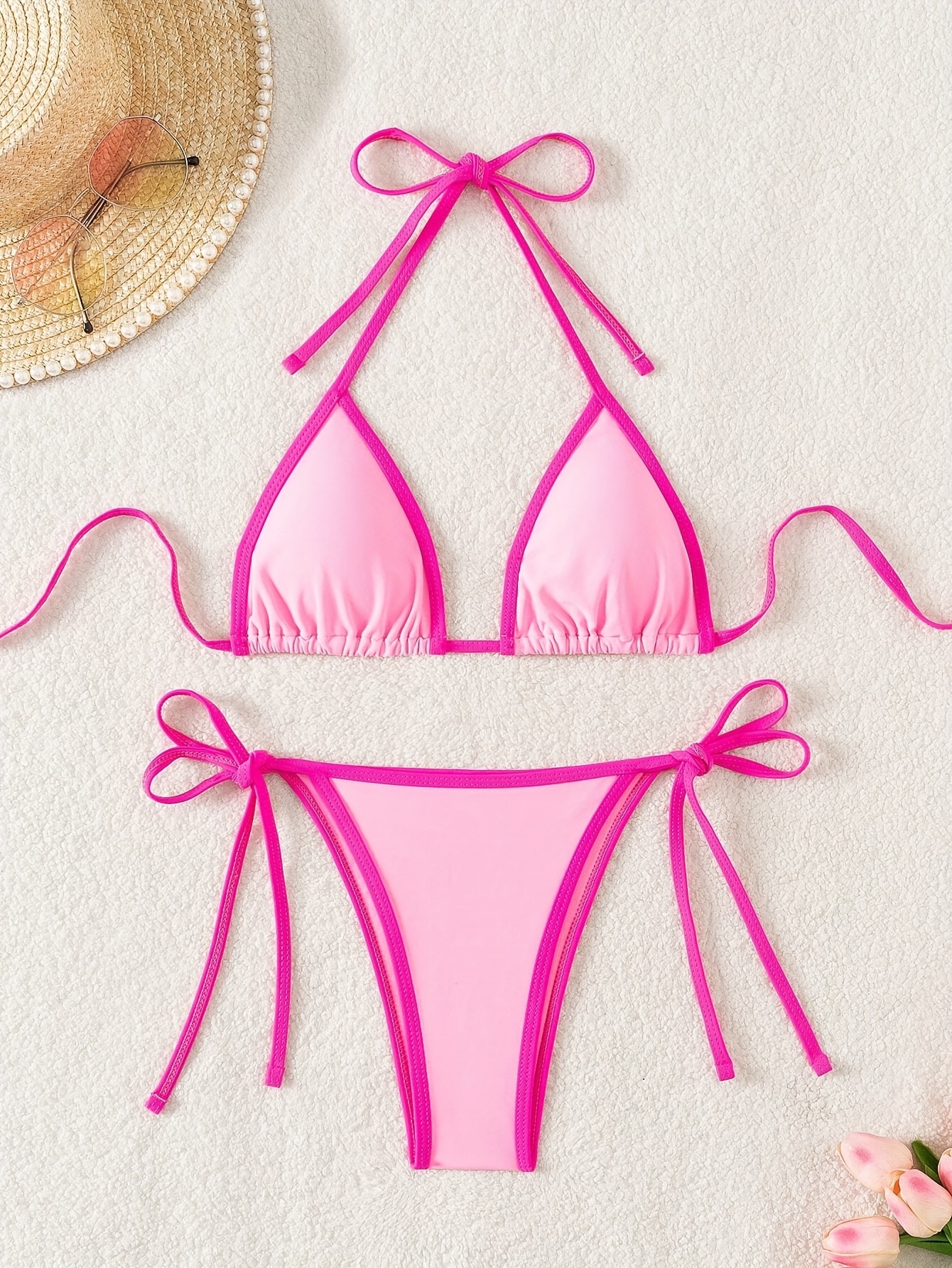 chic pink halter neck bikini set women sexy tie back two Temu Spain