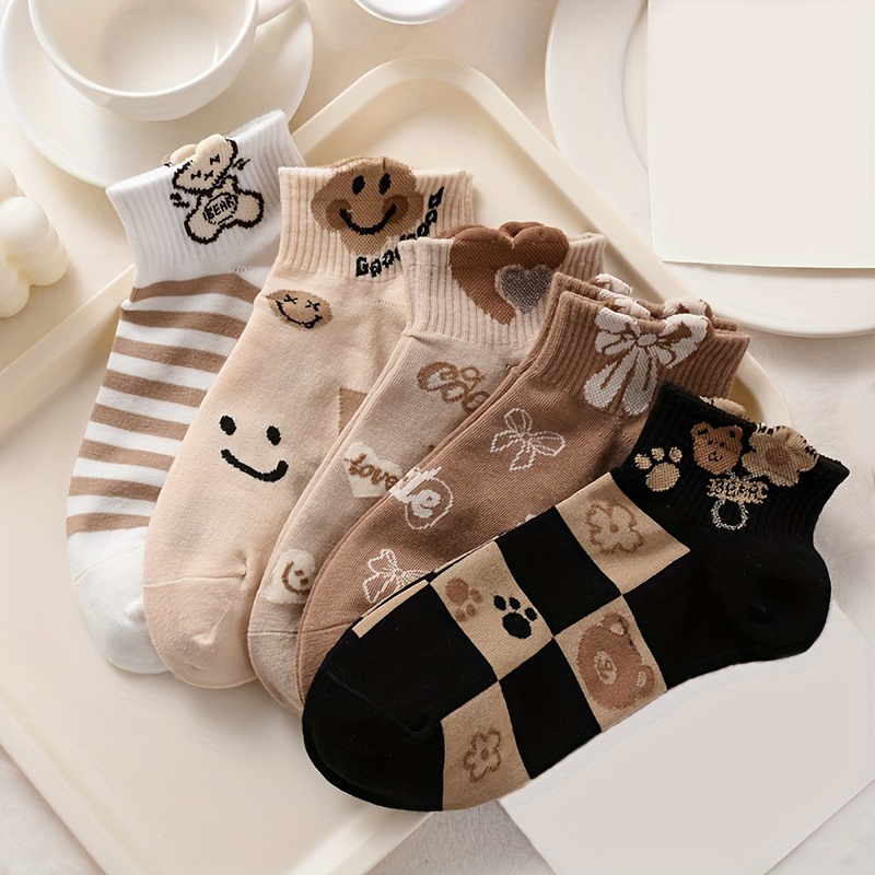

5 Pairs 3d Textured Cute Cartoon Bear Love Heart Socks, Comfy & Breathable Short Socks, Women's Stockings & Hosiery