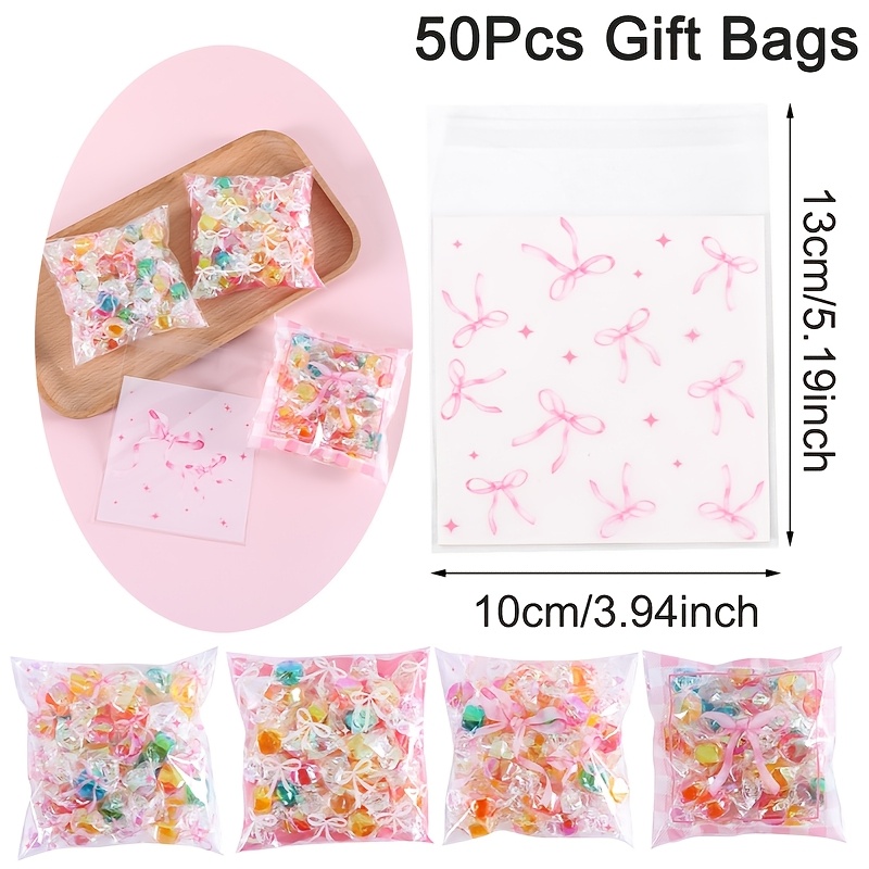TEMU 50/100pcs Pink Bow Self-adhesive Treat Bags, Transparent Plastic Gift Packaging For Wedding, Bridal Shower, Gift Ideas, Resealable Self-sealing