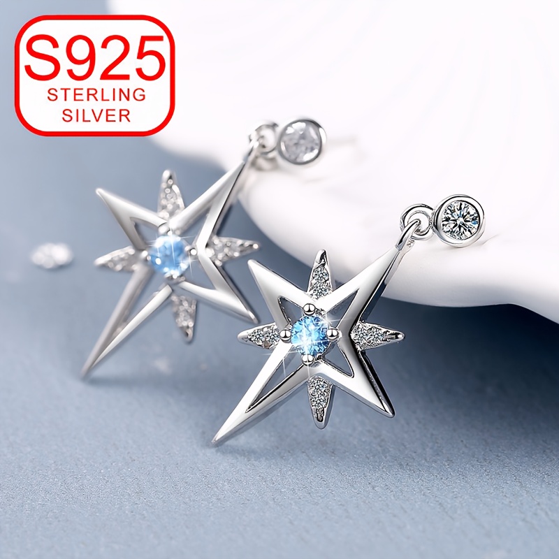 925 Silver Star Dangle Earrings CZ Sparkle Low Allergy Versatile Daily
