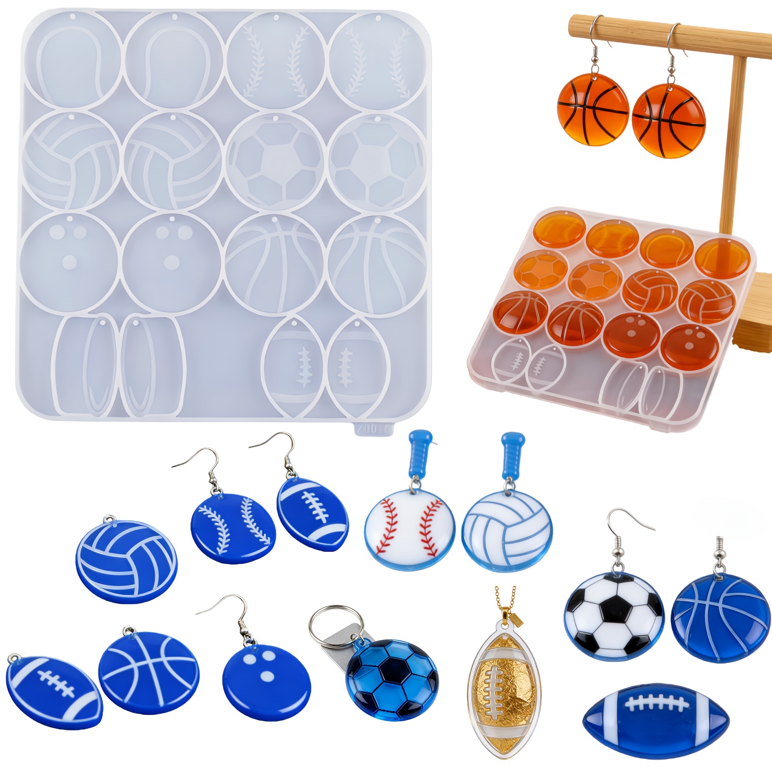 TEMU Moule en Liquide Résine à 16 Cavités pour Pendentifs Boule / Baseball / / Soccer / Football / Moule pour Boucles d'Oreilles / Matériau en