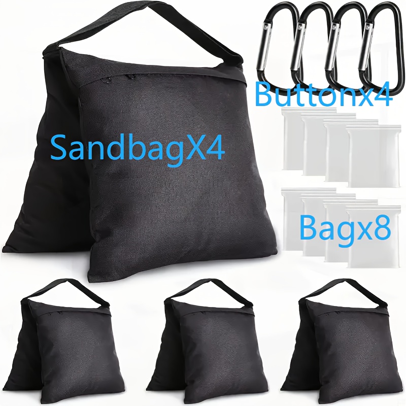 four heavy duty black sandbags including four aluminum clips and   pe sealing bags made of 600d oxford cloth durable and wear resistant suitable for light stands photography and video equipment durable   bag w  bags ideal for backdrop stands tripods canopies   up tents umbrella bases     and studio equipment stability with a professional   and secure w  attachments 0