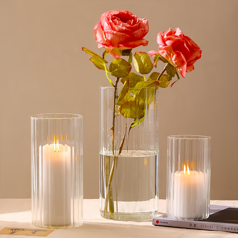 Image of Glass Cylinder Ribbed Vases Set Of 3, Tall Clear Vase For Centerpieces, Hurricane Candle Holders For Pillar Or Floating Candles, Round Vases For Wedding Anniversary Events Home Table Decor
