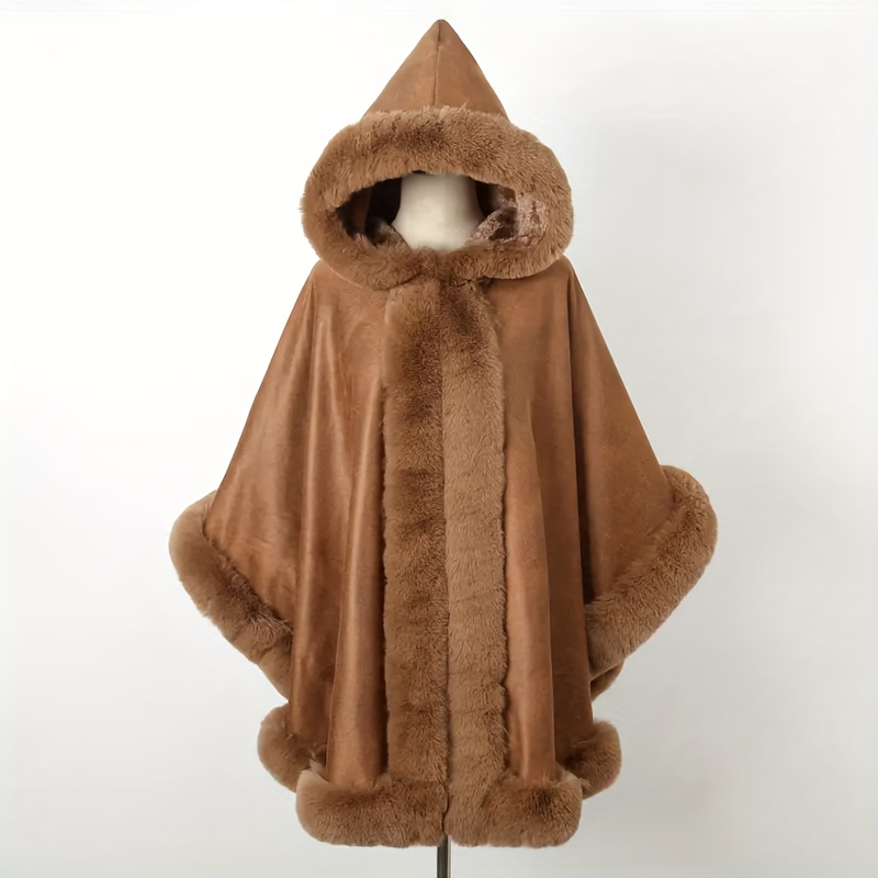 

Cozy Rabbit Fur Hooded Shawl - , Warm Cape With Open Front Design & Soft Polyester Lining For Women