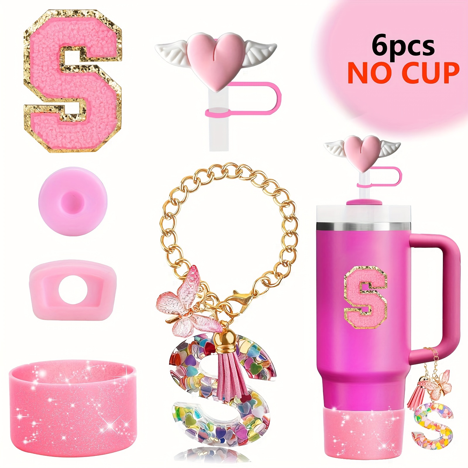 6pcs Cup Additions Set For Cup 30oz 40oz, Tumbler Initials Decorations For, Including Heart Straw Cover Cap And Boot,…: retailer-supplied image