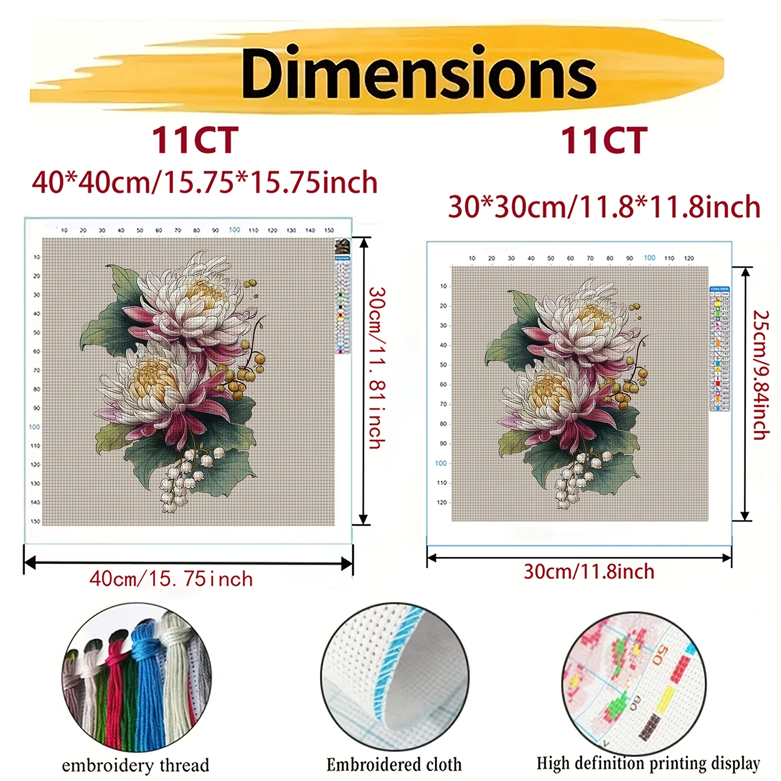DIY Cross Stitch Print Kit, Pink and White Chrysanthemum Pattern