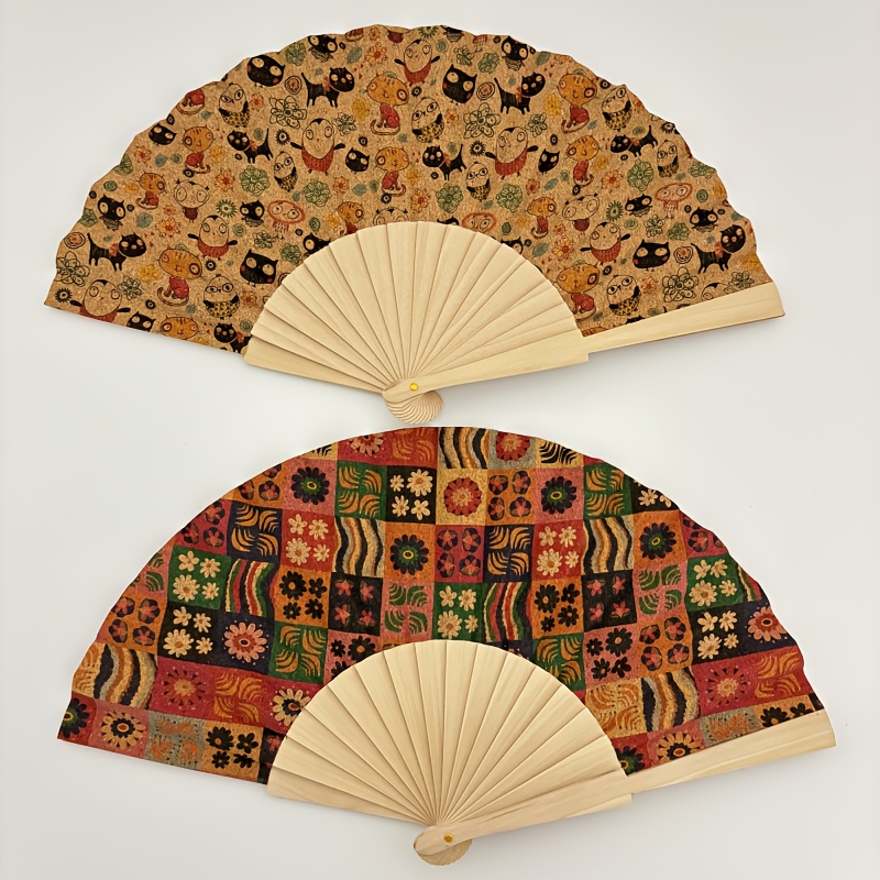 TEMU 2pcs Vintage Handcrafted Portugal Cork Folding Fans - Intricate With Vibrant Colors, Portable & Washable Handheld Fans For Weddings, Home Decor,