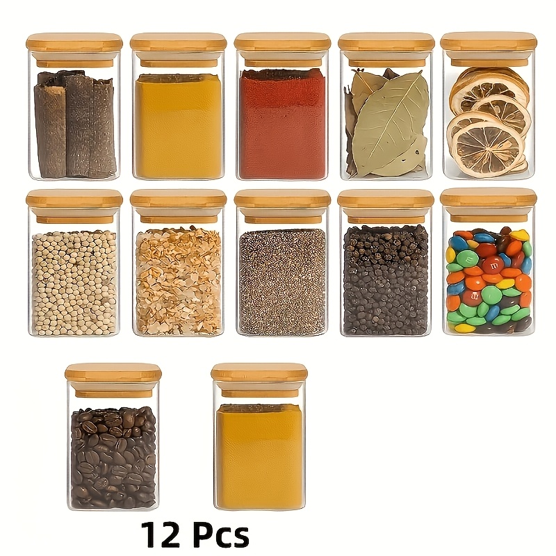 TEMU 12pcs Glass Spice Jars Set With Bamboo Lids, Clear Seasoning Containers, Airtight Kitchen Storage Organizer For Spices, Herbs, Seeds And