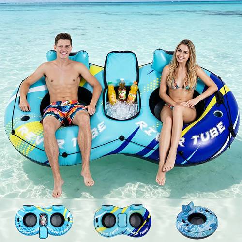 heavy duty inflatable river pool tube float floating lounge raft with cooler cup holders and supportive backrest with durable handles suitable for river pool lake and beach