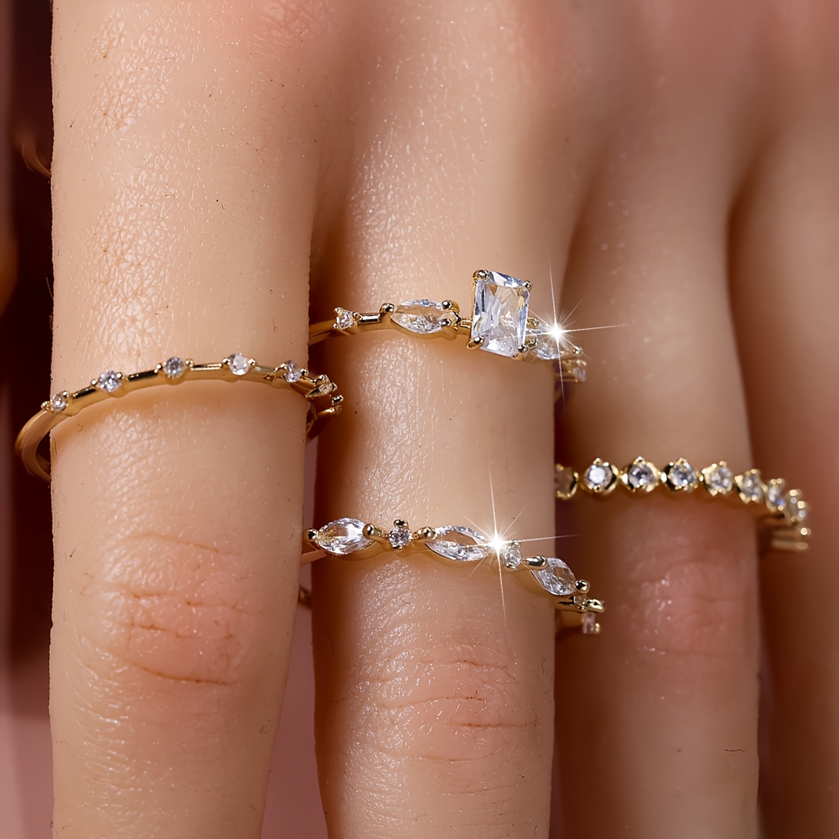 4pcs Women's White Synthetic Cubic Zirconia Engagement Ring Set