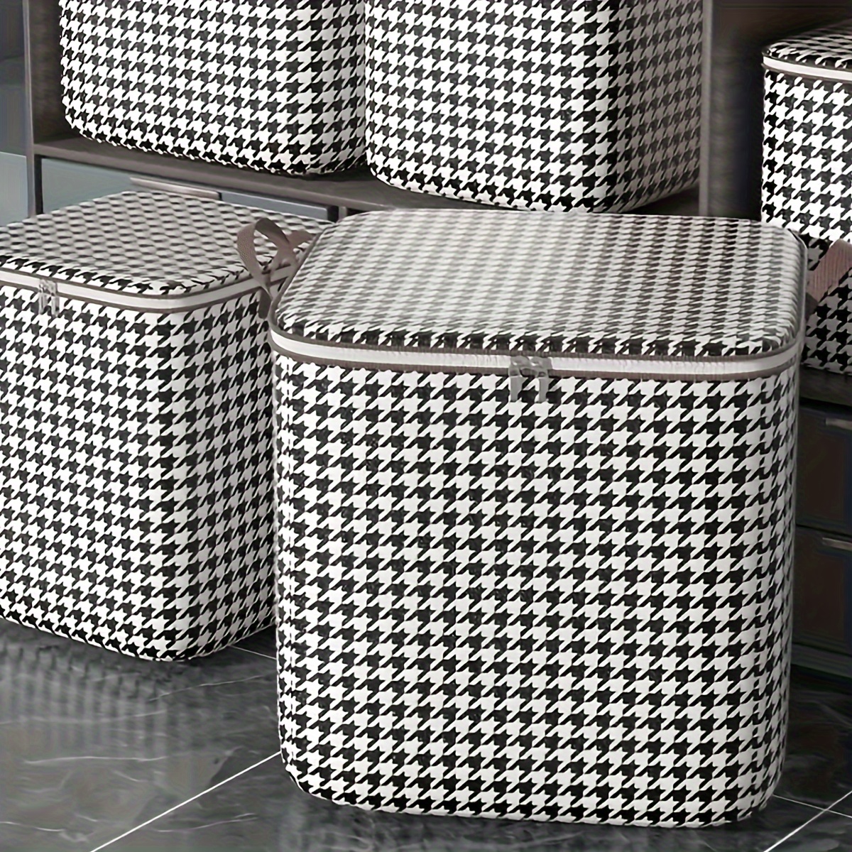 

Houndstooth Large Capacity Storage Bag - Waterproof & Moisture-proof, Foldable Fabric Organizer For Clothes And Quilts, Classic Style Home Organization Solution