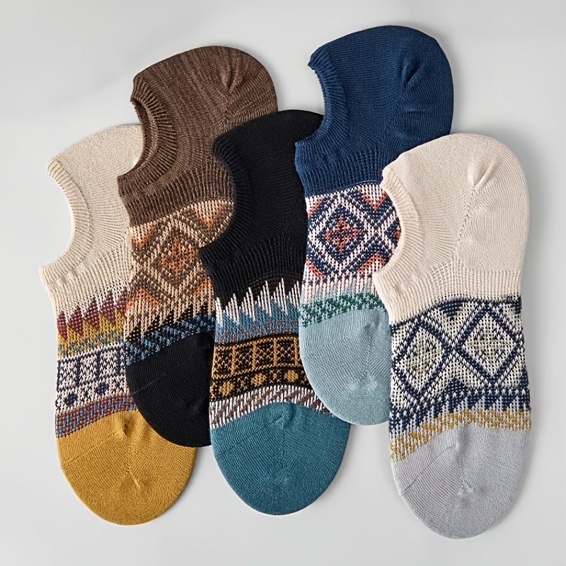 5 Pairs Mixed Random Colors Men/women Boat Socks - Versatile Comfortable Trendy Ethnic Striped Socks