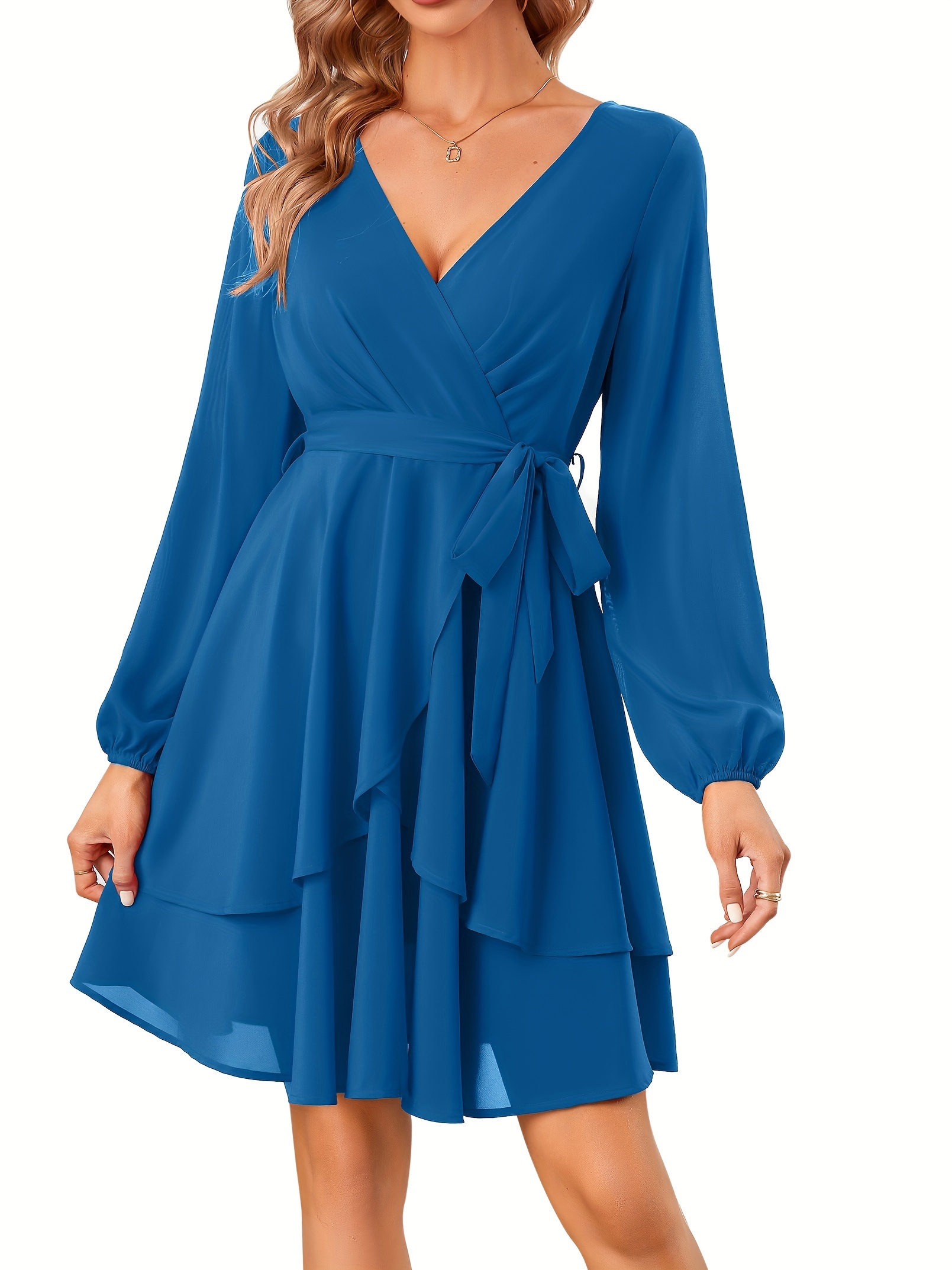 Layered Ruffle Hem Belted Dress Elegant Long Sleeve Surplice Temu