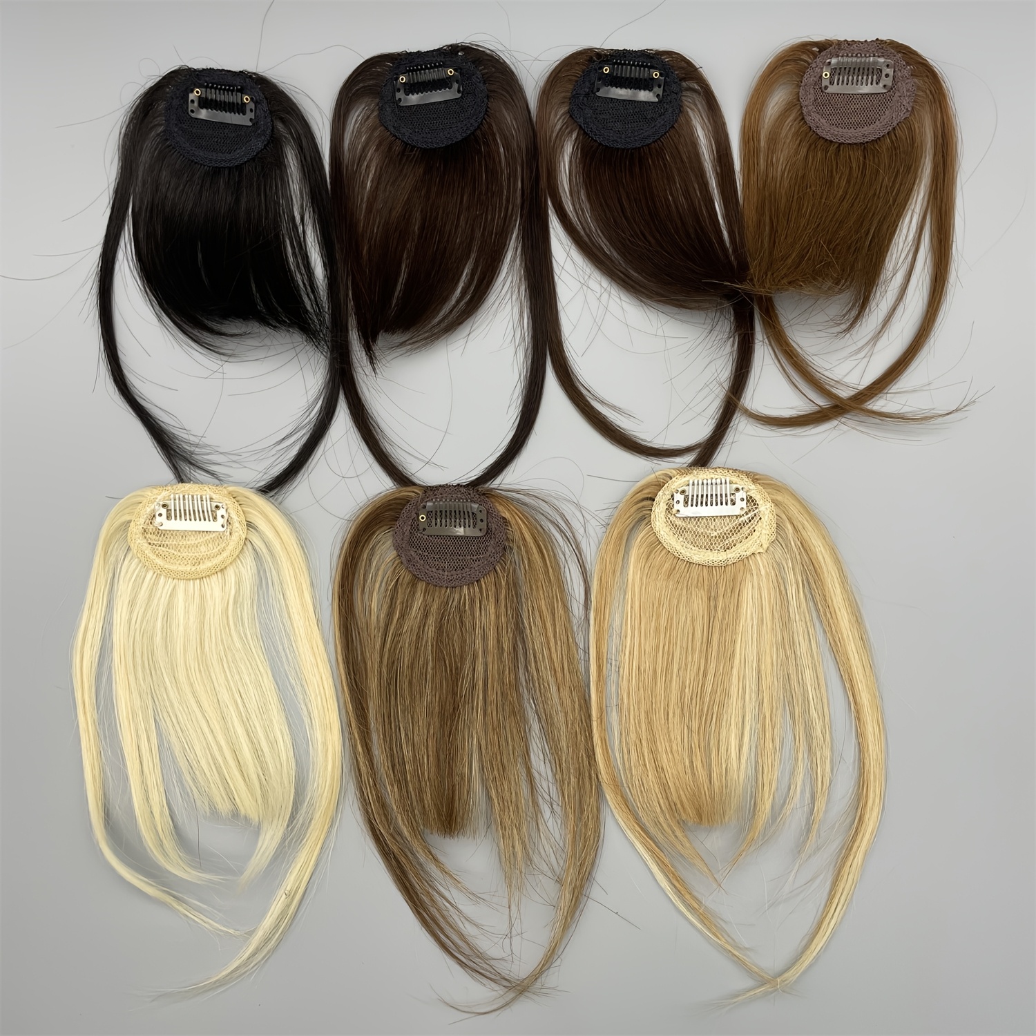 1pc real human hair wispy bangs 1pc elegant clip in wispy bangs hairpiece for women real human hair straight clip on air fringe looking hair extension with temples for daily wear dark brown mixed blonde details 2