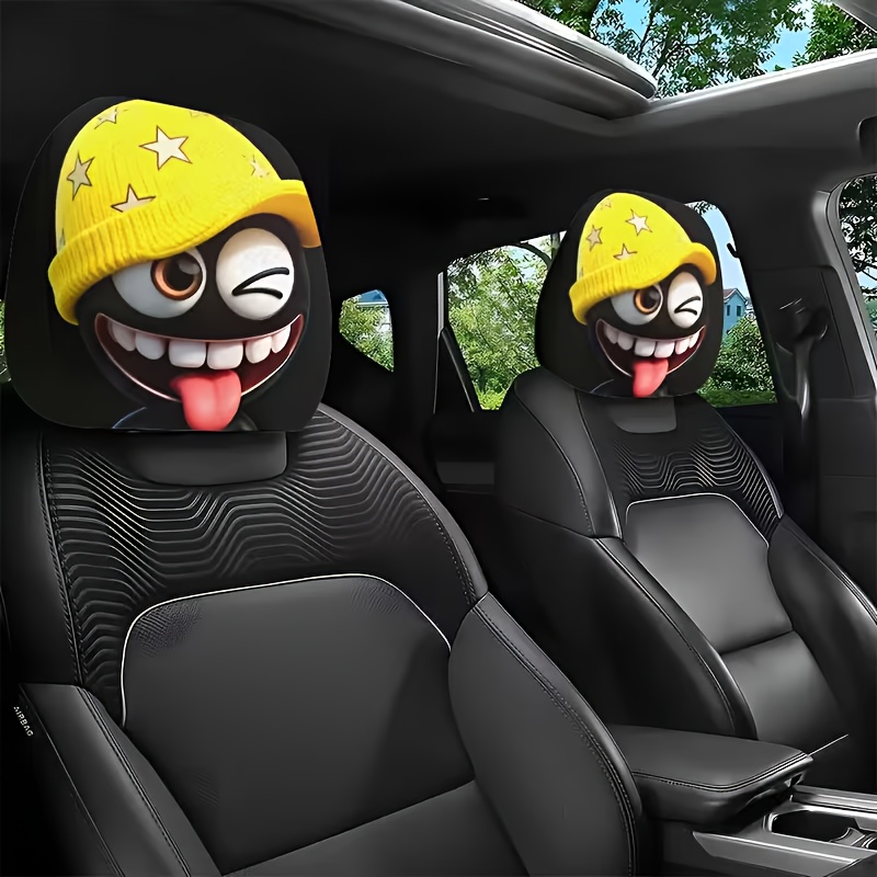 TEMU 2pcs Yellow Star Knitted Hat With Print Car Headrest Covers - Cute Cartoon Winter , -friendly Thickened Neck Pillow Cover (christmas Gift For